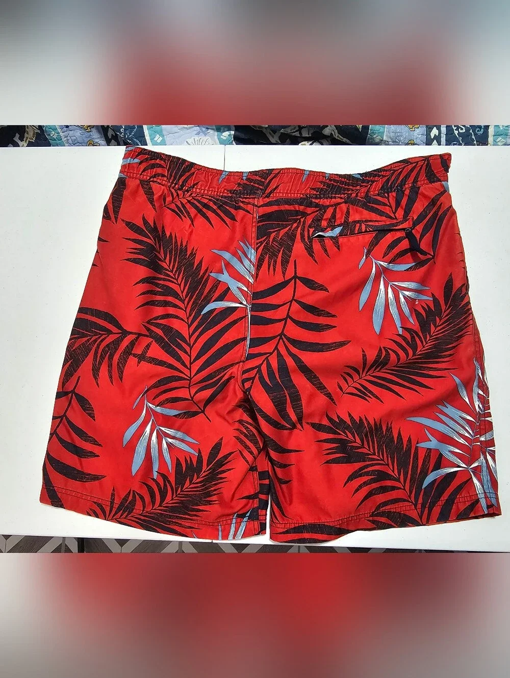 Nautica Red Swim Shorts with Black and Light Blue Tropical Leaf Print Large